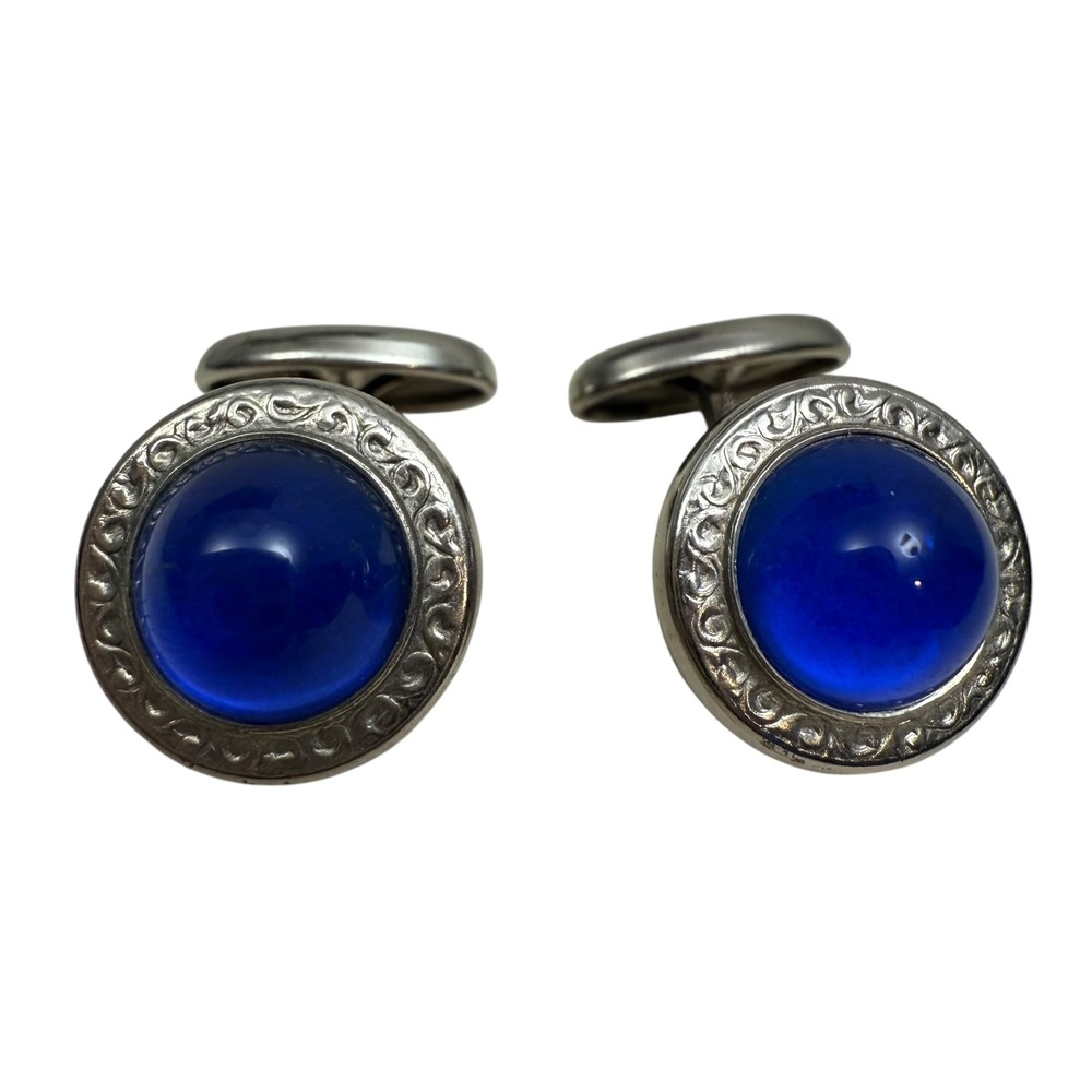 Vintage Cufflinks Blue Stone Silver Tone Round Formal Mens Jewelry